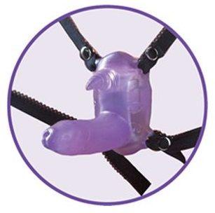 Фиолетовый вибростимулятор в виде рога носорога на регулируемых трусиках и с пультом ДУ